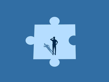 Find a partner, businessman solves a problem on a single puzzle piece vector