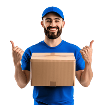 Friendly delivery man in a blue uniform holding a cardboard box and smiling png