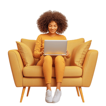 Young woman sitting comfortably on a mustard yellow chair using a laptop png