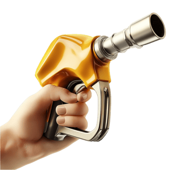 Hand gripping a yellow gasoline pump nozzle ready to refuel a vehicle png