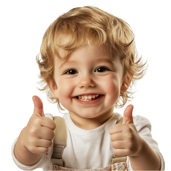 Smiling young child with curly blond hair giving two enthusiastic thumbs up png