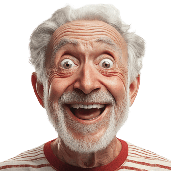 Elderly man with a joyful wideeyed expression and a big friendly smile png