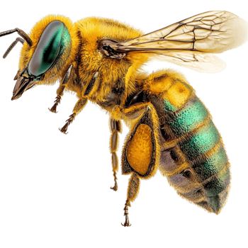 Honeybee with golden fuzzy body and iridescent bluegreen stripes collecting pollen png