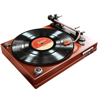 Wooden turntable with a spinning black vinyl record and a needle gently playing music png