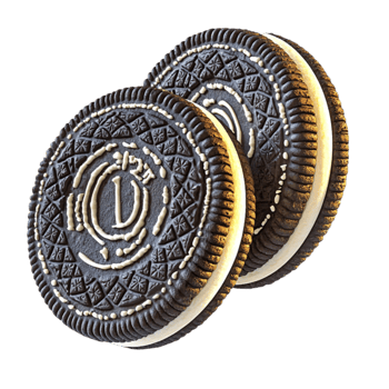 Two chocolate sandwich cookies with intricate embossed patterns and a creamy filling png