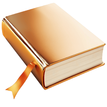 Thick hardcover book with golden pages and a neatly tied ribbon bookmark hanging from it png