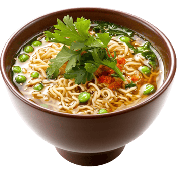 Hot steaming bowl of ramen noodles with green peas and cilantro garnish on top png
