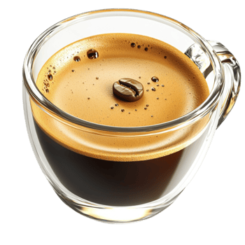 Steaming cup of ly brewed espresso with a crema and a single coffee bean on top png