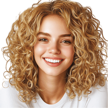 Young woman with voluminous curly blonde hair and a friendly smile showing happiness png