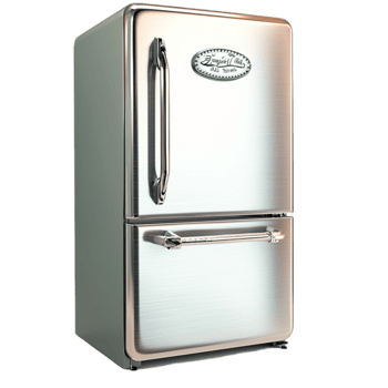 Retro style silver refrigerator with a rounded top and a chrome handle standing tall and png
