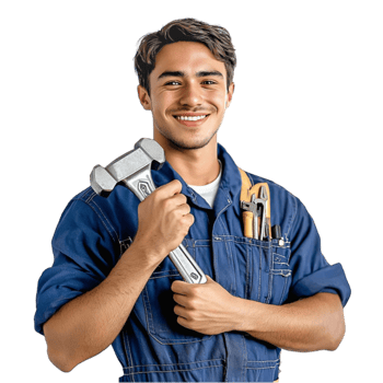 Handsome male mechanic wearing a blue uniform holding a wrench and looking professional png