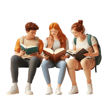 Three young students sitting together reading books and engaging in a friendly discussion png
