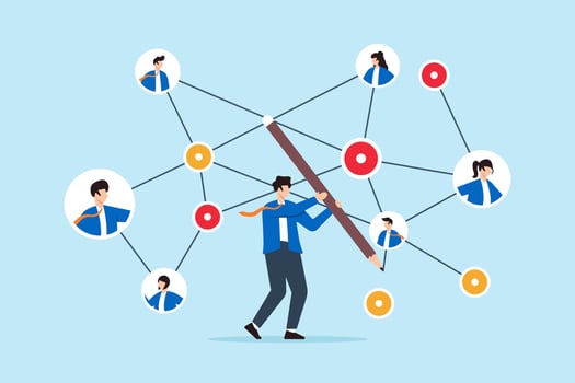 Flat illustration businessman connect networking chart with pencil symbolizing social connection for business opportunity vector
