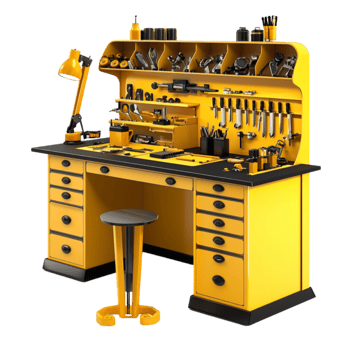 Wellorganized yellow workbench with multiple drawers and tools neatly arranged for efficiency png