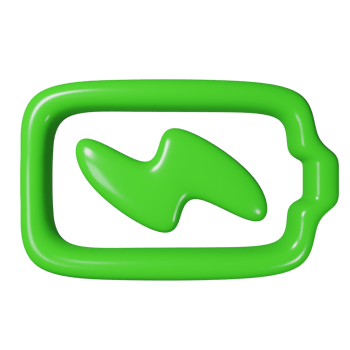 3D green battery with a lightning bolt, symbolizing charging. png