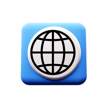 A blue and white button with a globe on it png
