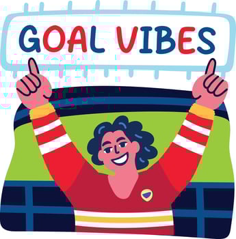 Happy fan with goal vibes text, flat sticker vector