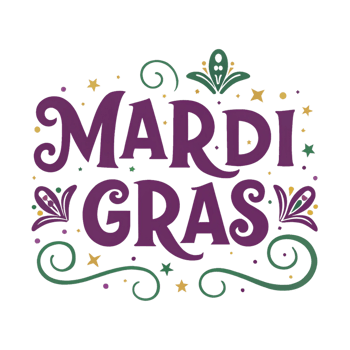 Elegant Mardi Gras Typography with Festive Decorative Elements in Purple and Gold png