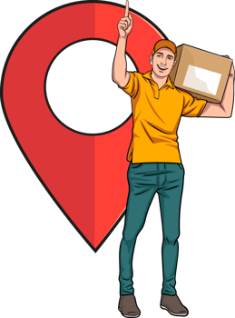 Comic delivery man pointing at a location pin while holding a box. png