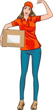 A smiling female delivery worker in a pop art uniform moves a package ready for delivery. png