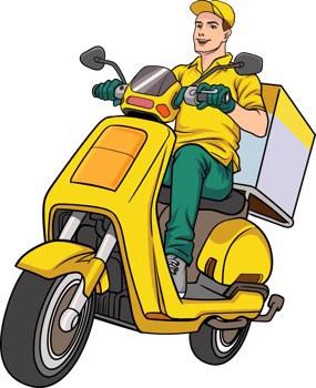 Retro-styled parcel delivery man delivers parcels on a motorbike with agility. png