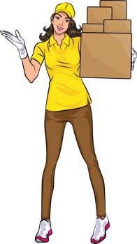 Pop art female delivery girl lifts several parcel boxes ready for delivery png