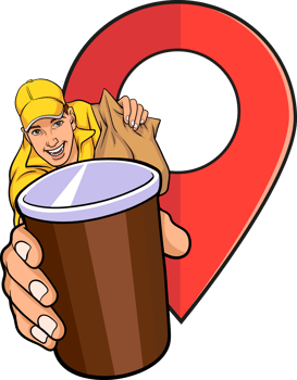 Pop art delivery man holding a cup of drink showing confidence in safe and accurate delivery. png
