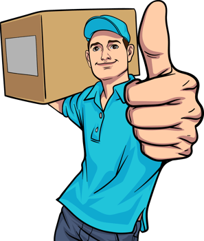 Young delivery man in blue uniform makes an OK sign to indicate excellent and safe delivery. png