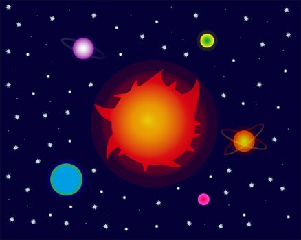 Solar system with Sun and fantastic planets and stars vector