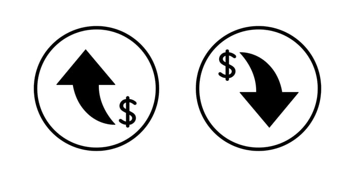 Dollar up and down icon on circle line. USD currency arrow increase and decrease sign symbol vector