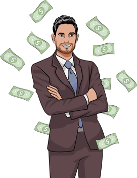 A super-chic pop-art guy in a cool suit, standing with his arms crossed over his chest with money scattered down. png