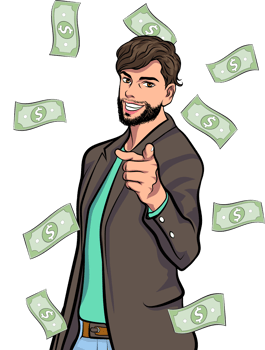 Pop art CEO standing proudly in front of a growing financial chart. png