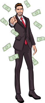A comic-style male boss points to a rising stock market graph. png