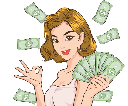 Comic-style businesswoman celebrating a massive money deal. png