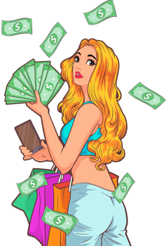 Vintage advertisement of a woman celebrating financial freedom. png