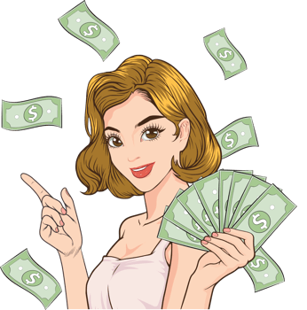 Pop art businesswoman holding dollar bills with a confident smile. png