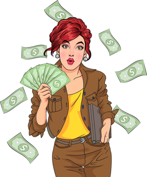 A beautiful saleswoman holds a large stack of banknotes and shows off her amazing sales. png
