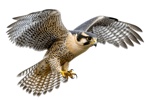 Peregrine falcon in mid flight over open space png