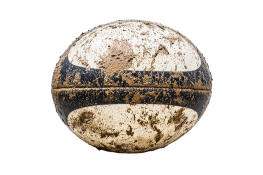 Old and muddy volleyball resting on the ground png