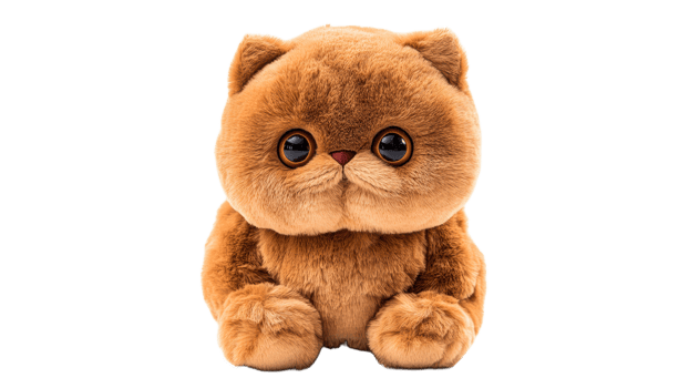 Fluffy brown cat plush toy with big eyes png