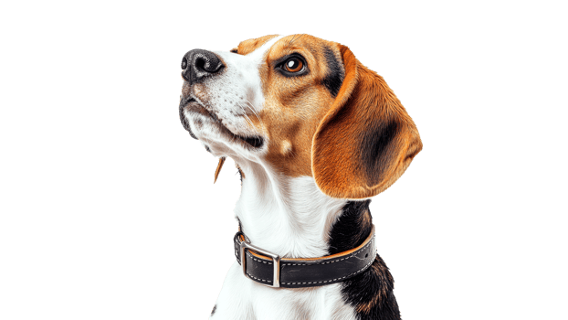 Beagle in collar looking up outdoors png