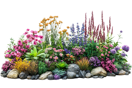 Vibrant garden bed with flowers and rocks png
