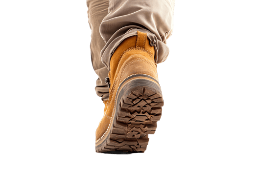 Person walking in rugged boots on plain background png
