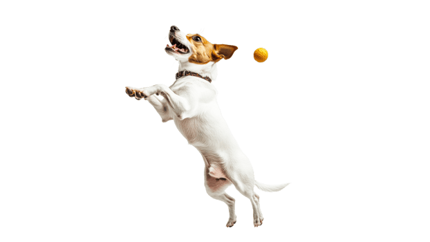 Dog jumps to catch a ball in mid air png