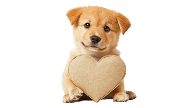 Cute puppy holding a heart shaped pillow png
