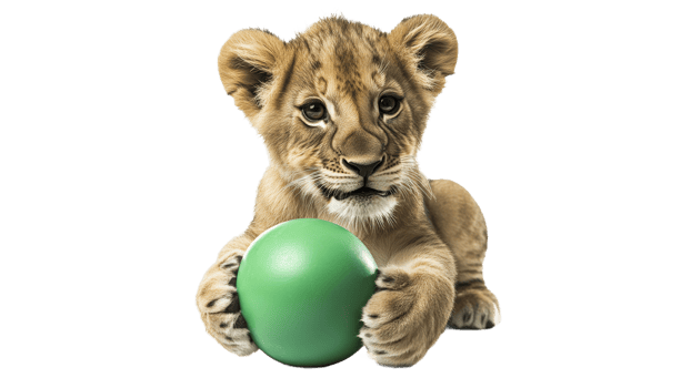 Cute lion cub playing with a green ball indoors png