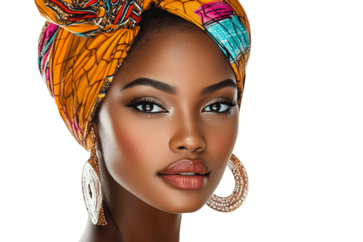 Beautiful woman showcasing vibrant headwrap style png