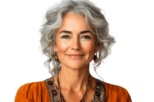 Smiling woman with gray hair in a vibrant outfit png
