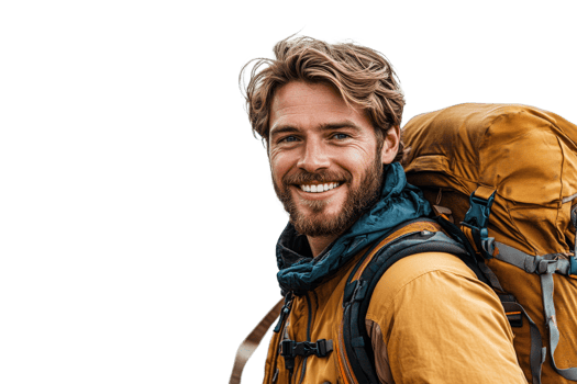 Smiling hiker with backpack ready for adventure png