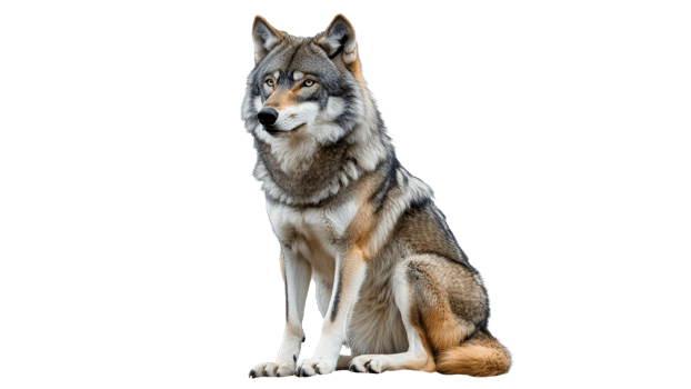 Wolf sitting calmly against a plain background png